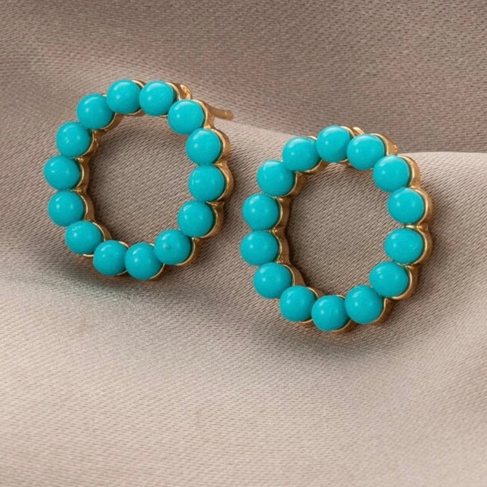 Turquoise faux pearl/ bead round earrings gold setting hobo western trendy
